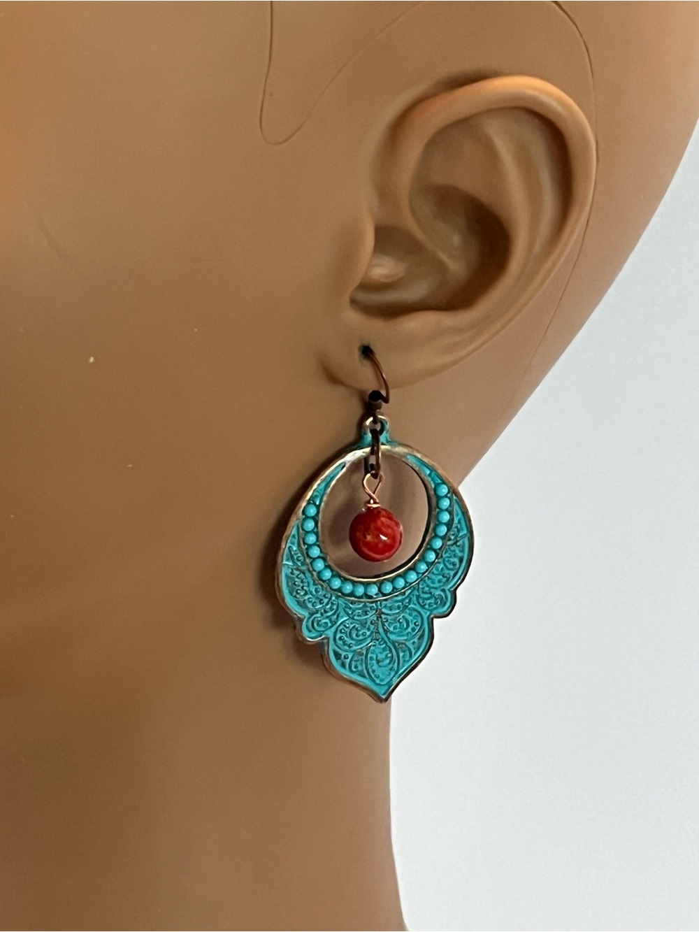 Turquoise Filigree Drop Earrings with Coral Accent Bead - Women Jewelry